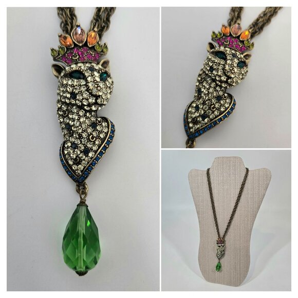 Princess Amanda Borghese Leopard with Crown Rhinestone Necklace Double Chain - Picture 1 of 9